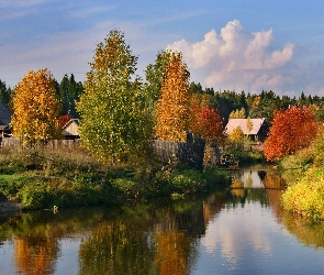 Rzeczka, Zabudowania, Jesień, Kolorowe, Drzewa, Las