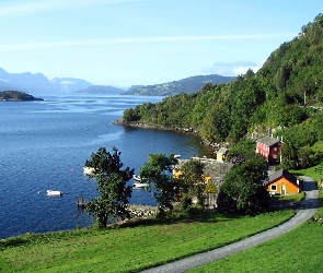 Hardangerfjord, Wzgórza, Droga, Zalesione, Domy