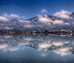 Góry, Zima, Jezioro, Las, Chmury