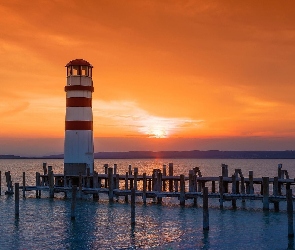 Słońca, Zachód, Morska, Latarnia, Pomost, Morze