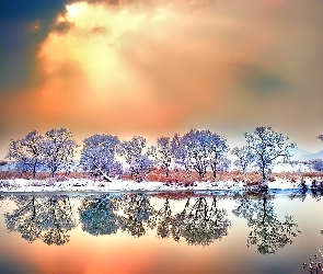Jezioro, Odbicie, Śnieg, Drzewa