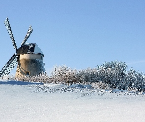 Śnieg, Drzewa, Wiatrak