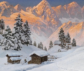 Zima, Alois Arnegger, Drzewa, Obraz, Góry