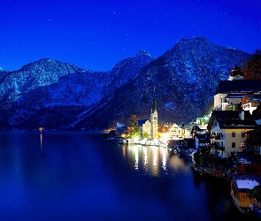 Zima, Światła, Hallstatt, Jezioro, Noc, Austria, Góry
