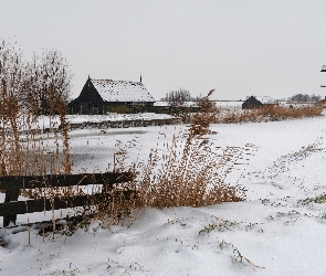 Zabudowania, Zima, Most, Rzeka, Wiatrak