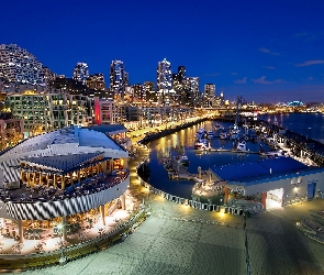 Restauracja, Nabrzeże, Nocą, Seattle, Marina, Jachty