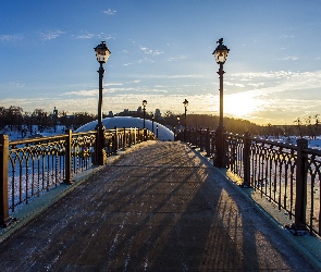 Zima, Słońca, Most, Rzeka, Latarnie, Wschód