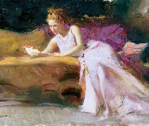 Pino Daeni, Książka, Sofa, Kobieta, Obraz