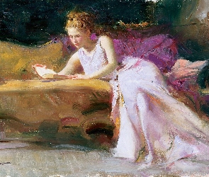 Obraz, Książka, Kobieta, Sofa, Pino Daeni