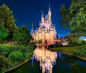 Zamek, Rzeka, USA, Disneyland, Kalifornia, Noc