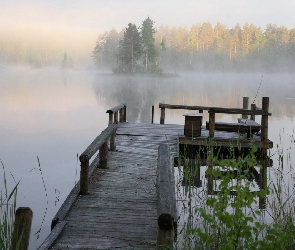 Mgła, Trawy, Molo, Drewniane, Jezioro