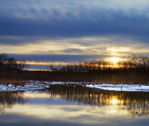 Jezioro, Odbicie, Słońca, Zachód