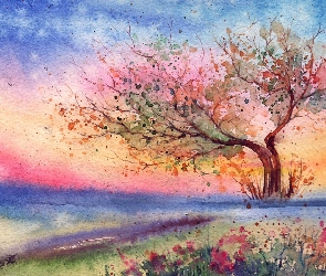 Malarstwo, Niebo, Drzewo, Obraz