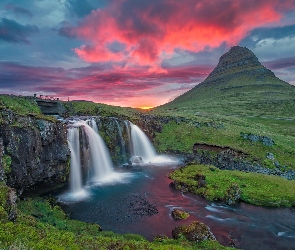 Wodospad, Rzeka, Islandia, Zachód Słońca, Mostek, Góry