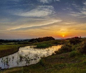 Słońca, Zachód, Łąki, Staw, Lasy, Góry