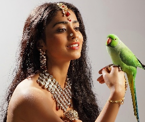 Papuga, Zielona, Hinduska, Piękna, Biżuteria, Makijaż