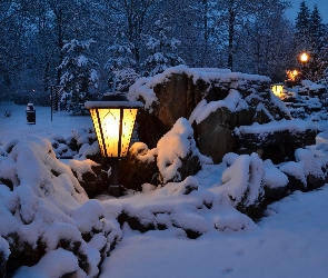 Zima, Mostek, Latarnie, Park, Kamień, Alejki