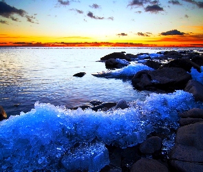 Morze, Zachód Słońca, Lód, Kamienie