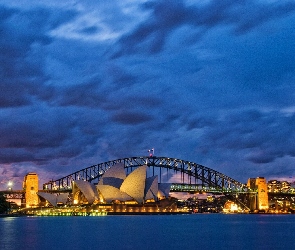 Miasto nocą, Most Sydney Harbour Bridge, Sydney, Australia, Zatoka Port Jackson, Sydney Opera House