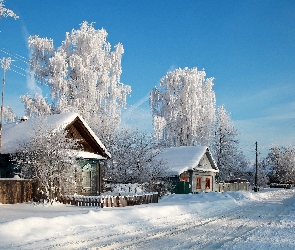 Zima, Wieś, Domy, Droga