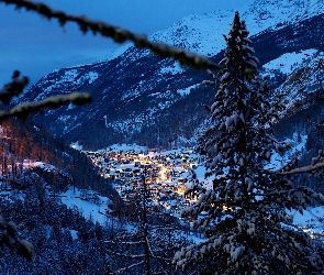 Góry, Alpy, Domy, Zima, Noc, Szwajcaria