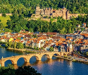 Zamek w Heidelbergu, Heidelberger Schloss, Rzeka Neckar, Niemcy, Most, Heidelberg