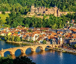 Rzeka Neckar, Most, Heidelberger Schloss, Zamek w Heidelbergu, Heidelberg, Niemcy