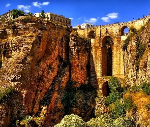 Andaluzja, Miasto Ronda, Skały, Hiszpania, Domy, Wąwóz Tajo, Most Puente Nuevo