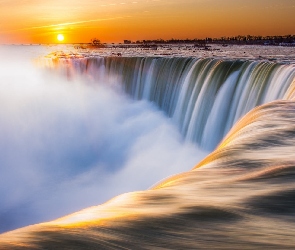 Wodospad, Zachód Słońca, Mgła, Rzeka, Niagara