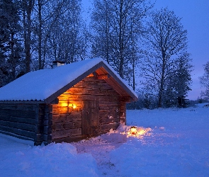 Zima, Lampion, Polana, Las, Oświetlony, Domek