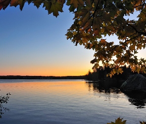 Jezioro, Skała, Jesień, Wschód, Słońca, Lasy