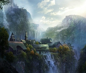 Wodospady, Góry, Fantasy, Budynki