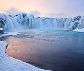 Rzeka, Śnieg, Islandia, Zima, Wodospad Godafoss