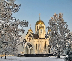 Drzewa, Ośnieżone, Świt, Cerkiew