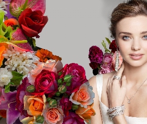 Kobieta, Biżuteria, Miranda Kerr, Bukiet, Kwiatów, Makijaż