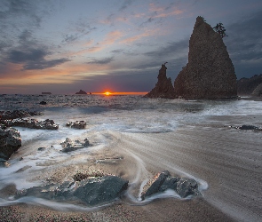 Plaża, Zachód Słońca, Kamienie, Skały, Fale