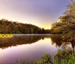 Słońca, Wschód, Jezioro, Park, Pomost, Ławeczka