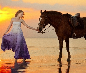 Kobieta, Sukienka, Słońca, Morze, Zachód, Koń