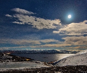 Jezioro, Góry, Księżyc, Noc