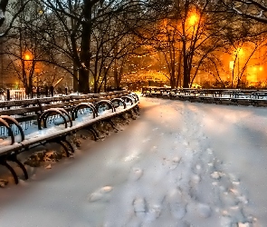 Park, Oświetlenie, Śnieg, Alejka