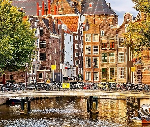 Rowery, Most, Kamienice, Amsterdam, Kanał, Łódki