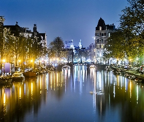 Amsterdam, Nocą, Łódki, Kanał, Most, Kamienice