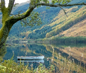 Jezioro, Łódka, Lasy, Góry