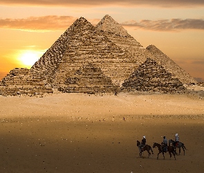 Piramidy, Słońca, Zachód, Jezdzcy, Pustynia