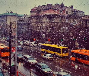 Belgrad, Autobusy, Serbia, Samochody, Padający, Miasto, Śnieg, Zima