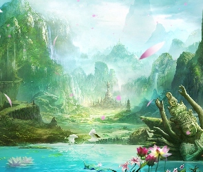 Góry, Posąg, Zatopiony, Jezioro, Fantasy