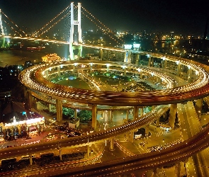 Most, Nocą, Panorama, Szanghaju, Estakada