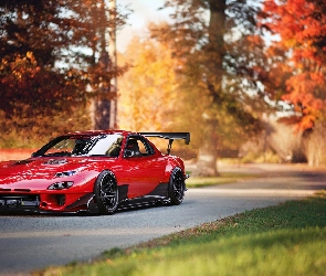 Czerwona, Jesień, Droga, Drzewa, Mazda RX-7