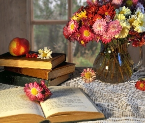 Książki, Serweta, Kwiatów, Wazon, Bukiet