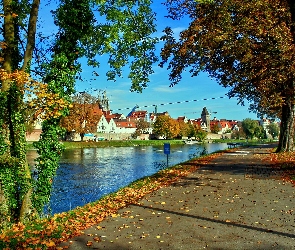 Panorama, Liście, Rzeka, Miasteczka, Opadłe, Jesień, Drzewa